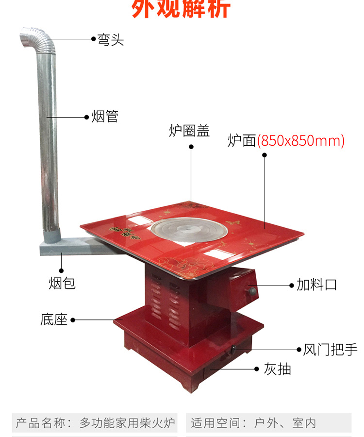 多功能家用柴火爐-0.8米正方形有機(jī)鋼化玻璃桌面【爐具】